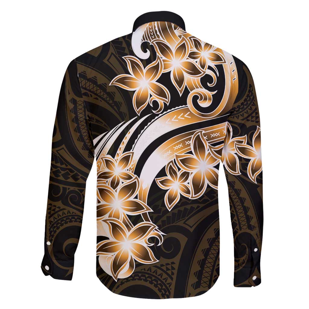 Plumeria Tribal Tattoo Family Matching Off Shoulder Maxi Dress and Hawaiian Shirt Gold Polynesian Pattern