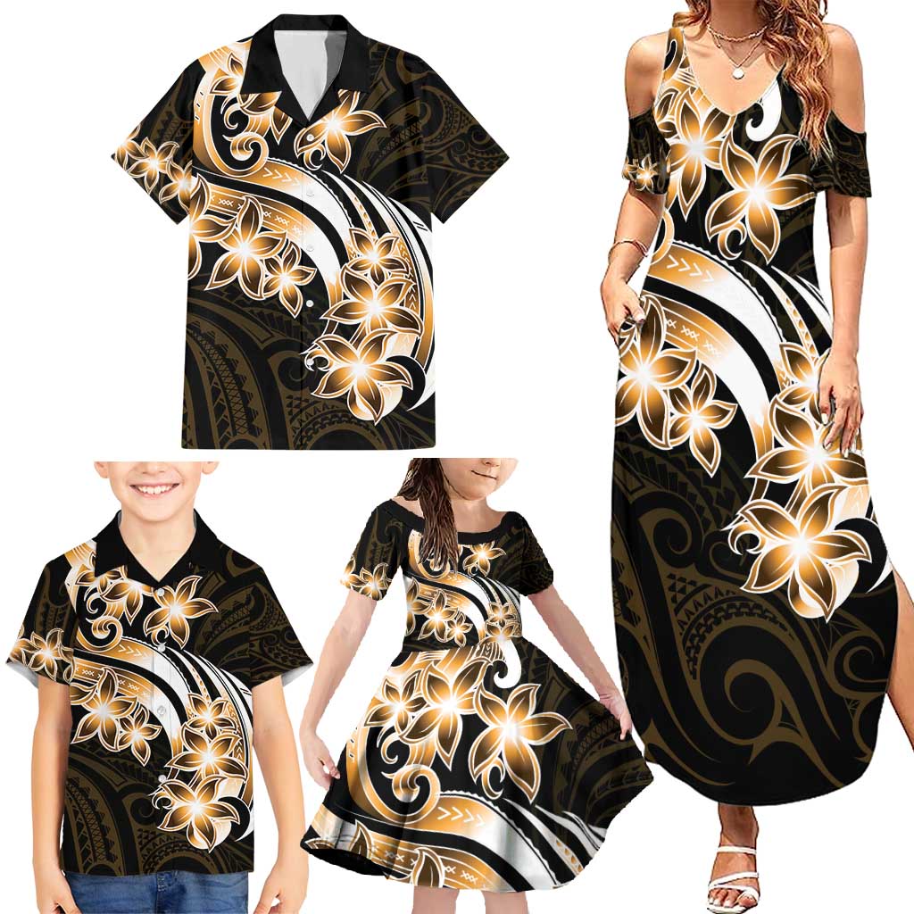 Plumeria Tribal Tattoo Family Matching Summer Maxi Dress and Hawaiian Shirt Gold Polynesian Pattern LT9 - Polynesian Pride