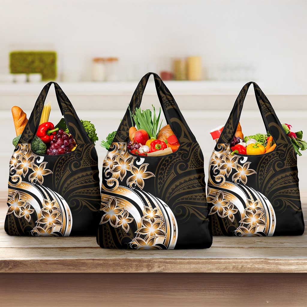 Plumeria Tribal Tattoo Grocery Bag Gold Polynesian Pattern LT9 3-pack One Size Gold - Polynesian Pride