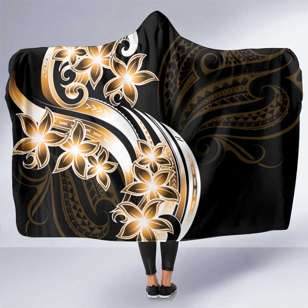 Plumeria Tribal Tattoo Hooded Blanket Gold Polynesian Pattern