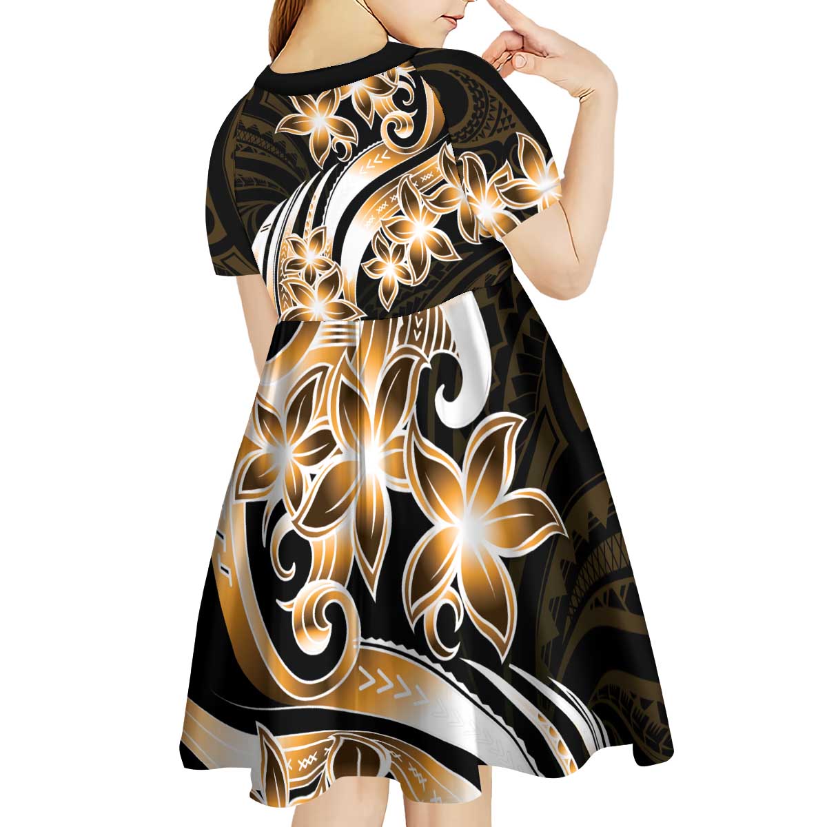 Plumeria Tribal Tattoo Kid Short Sleeve Dress Gold Polynesian Pattern