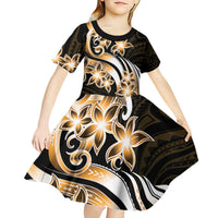 Plumeria Tribal Tattoo Kid Short Sleeve Dress Gold Polynesian Pattern