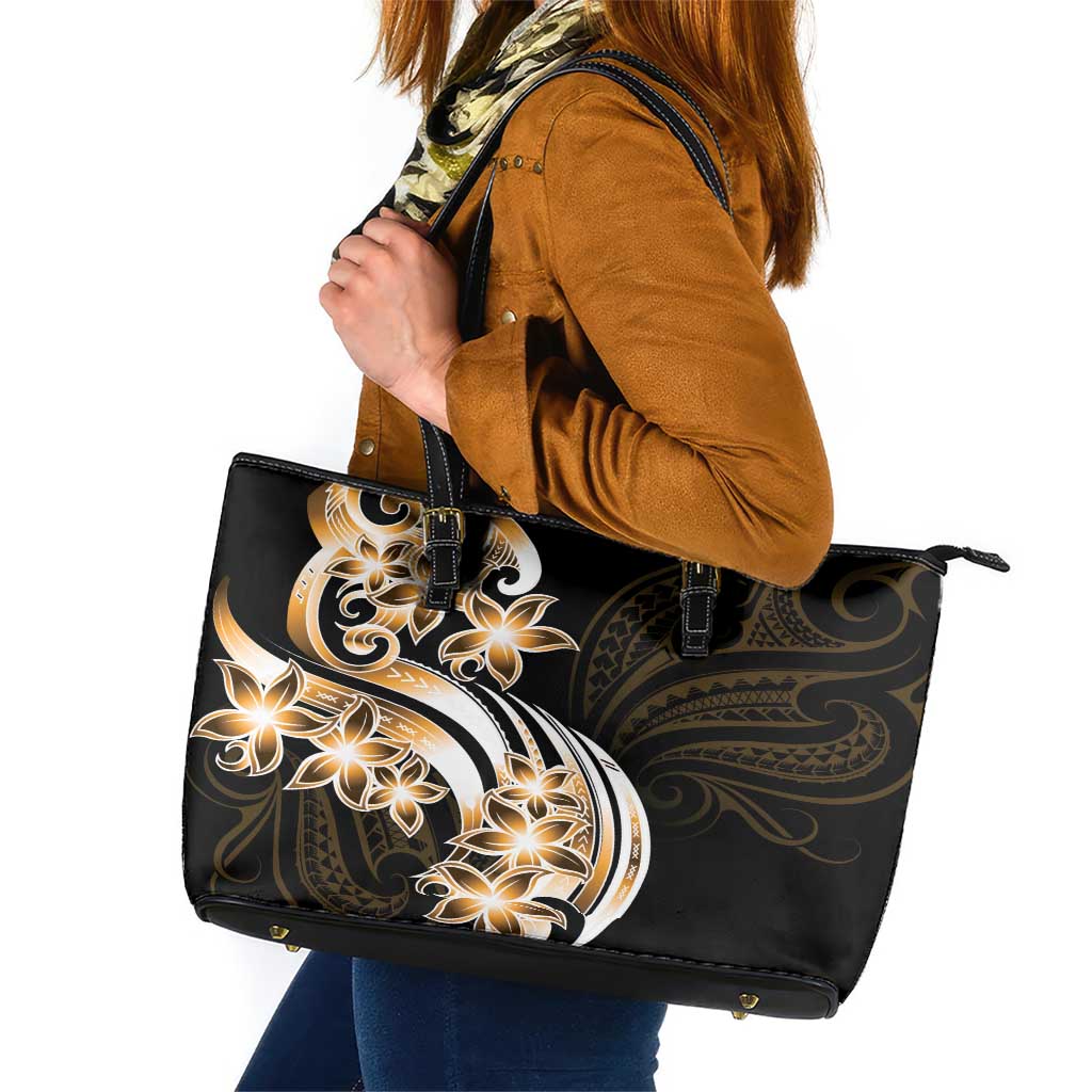 Plumeria Tribal Tattoo Leather Tote Bag Gold Polynesian Pattern