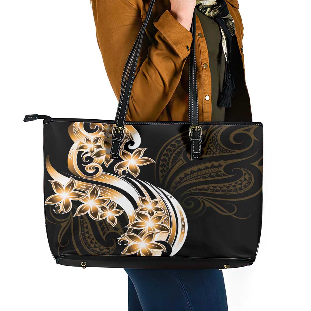 Plumeria Tribal Tattoo Leather Tote Bag Gold Polynesian Pattern LT9 - Polynesian Pride