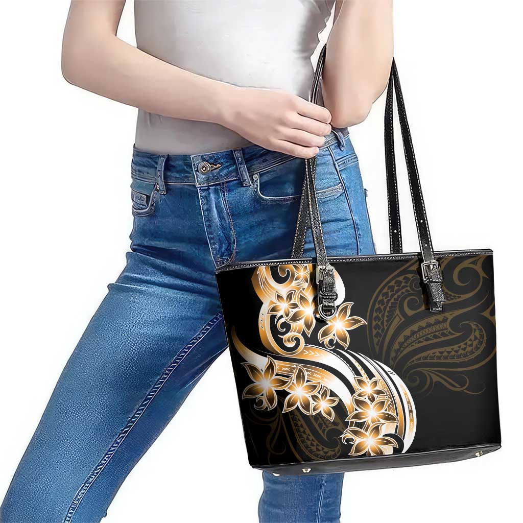 Plumeria Tribal Tattoo Leather Tote Bag Gold Polynesian Pattern LT9 - Polynesian Pride