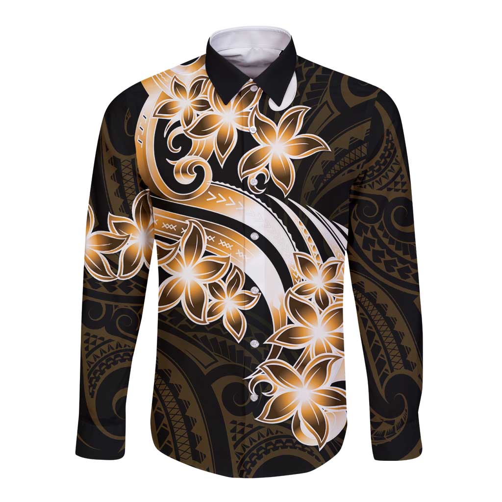 Plumeria Tribal Tattoo Long Sleeve Button Shirt Gold Polynesian Pattern