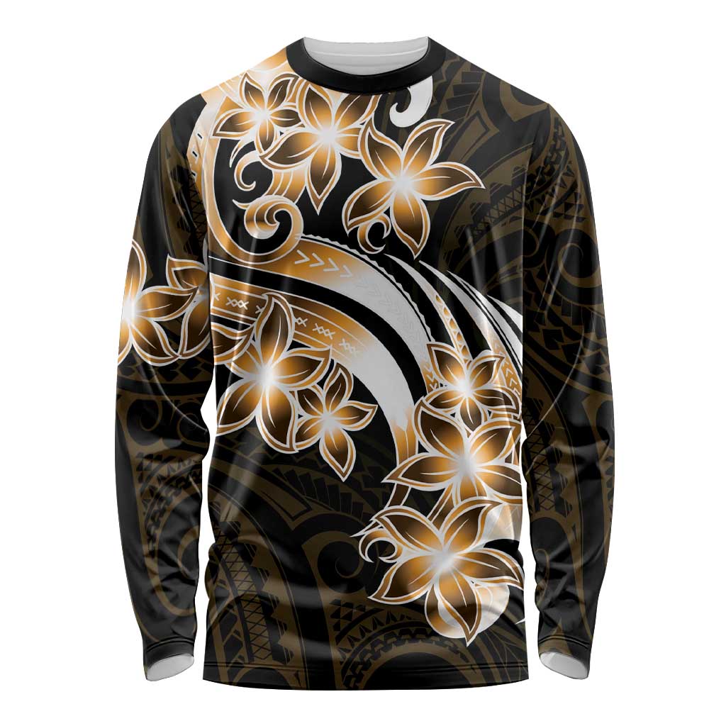 Plumeria Tribal Tattoo Long Sleeve Shirt Gold Polynesian Pattern