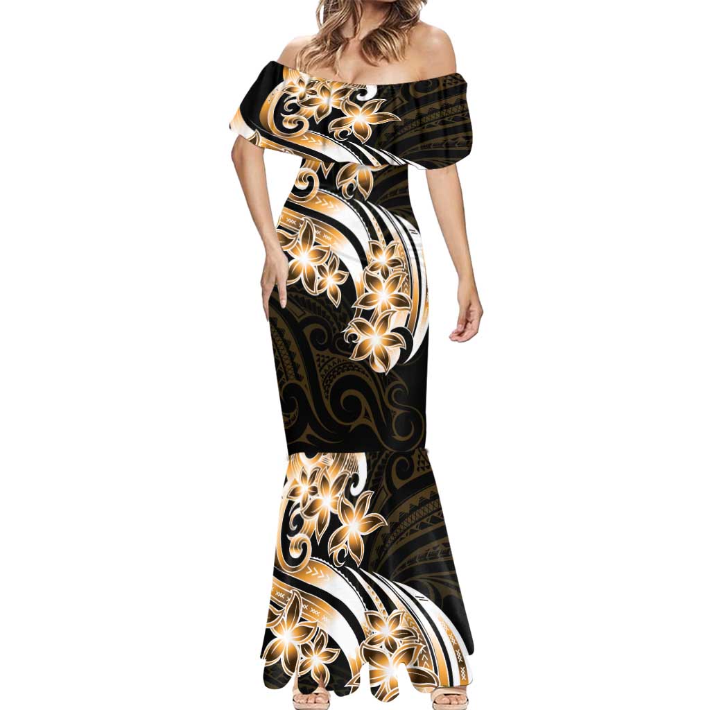 Plumeria Tribal Tattoo Mermaid Dress Gold Polynesian Pattern