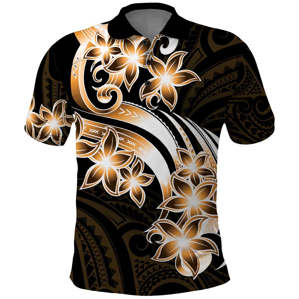 Plumeria Tribal Tattoo Polo Shirt Gold Polynesian Pattern