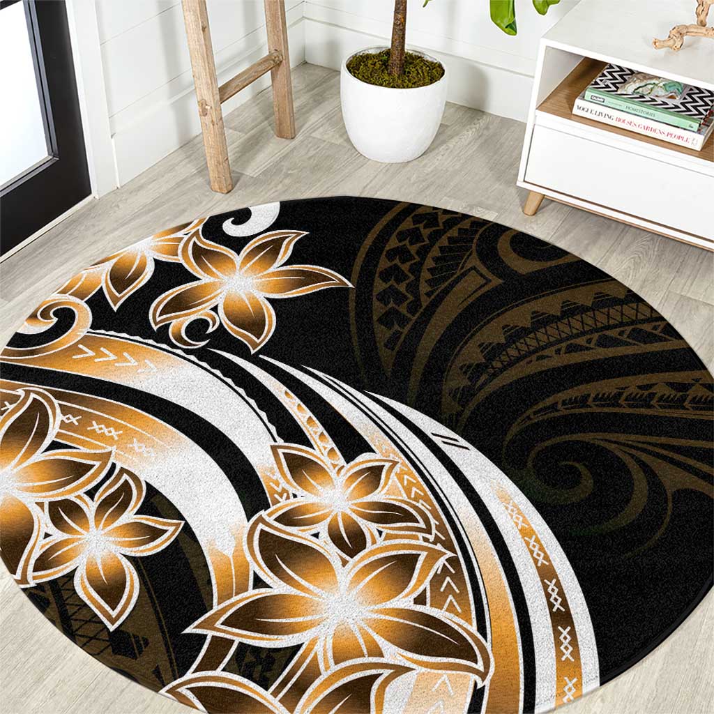 Plumeria Tribal Tattoo Round Carpet Gold Polynesian Pattern