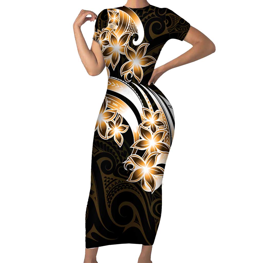 Plumeria Tribal Tattoo Short Sleeve Bodycon Dress Gold Polynesian Pattern