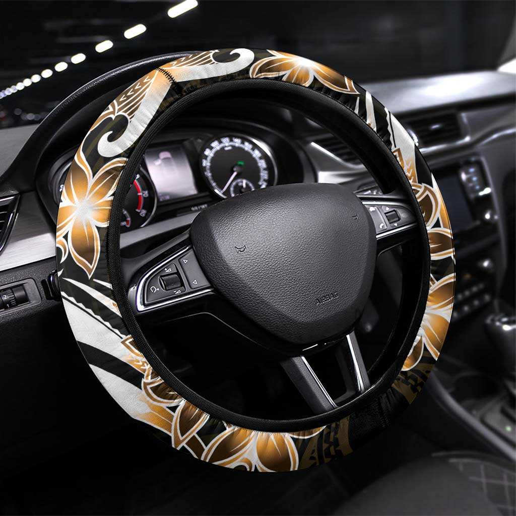 Plumeria Tribal Tattoo Steering Wheel Cover Gold Polynesian Pattern