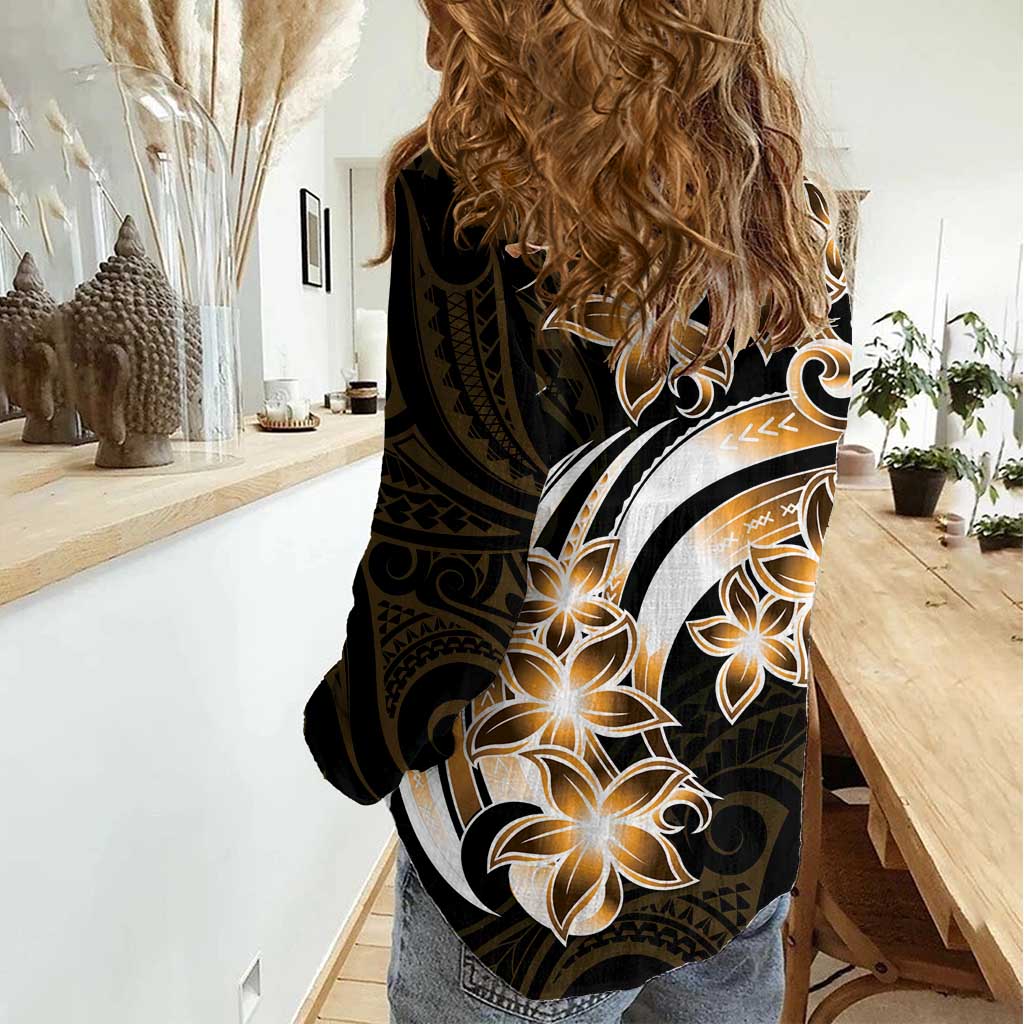 Plumeria Tribal Tattoo Women Casual Shirt Gold Polynesian Pattern