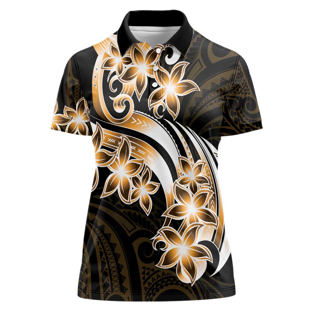 Plumeria Tribal Tattoo Women Polo Shirt Gold Polynesian Pattern