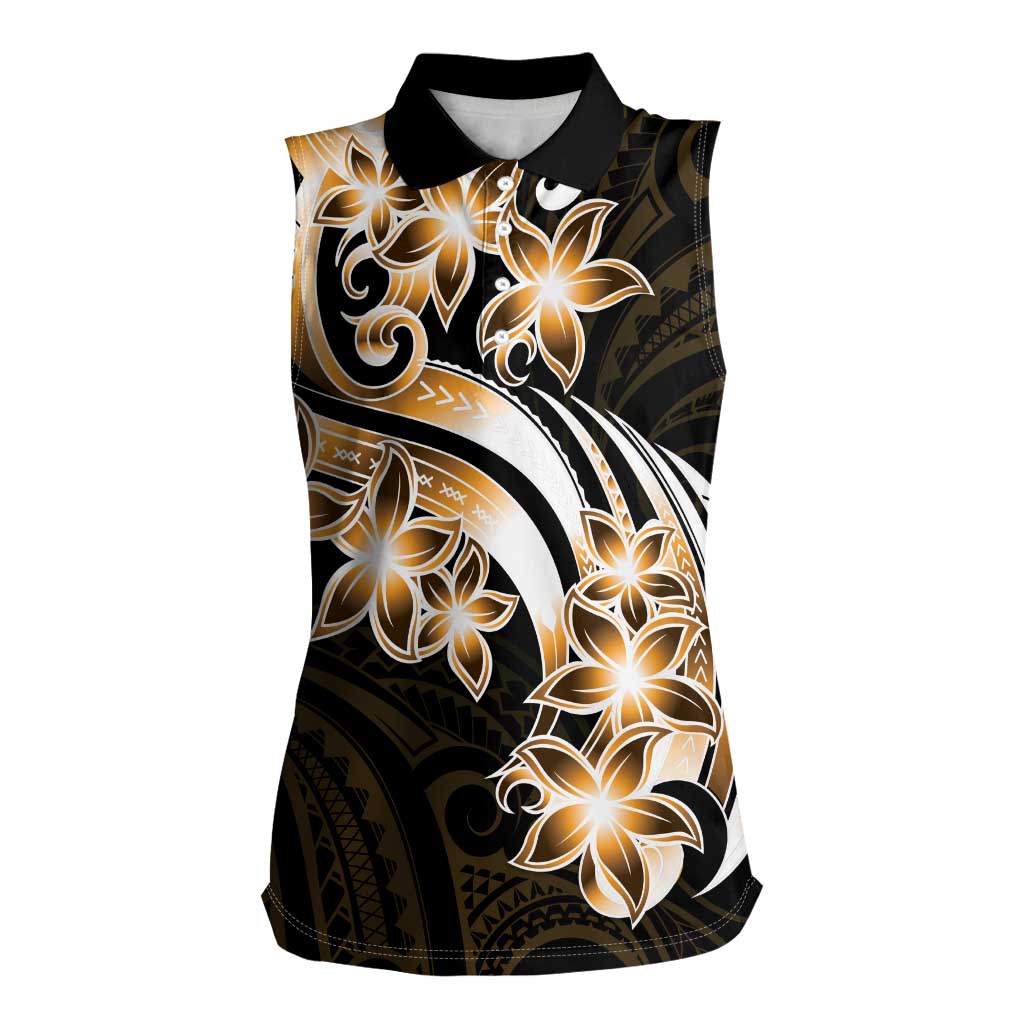 Plumeria Tribal Tattoo Women Sleeveless Polo Shirt Gold Polynesian Pattern
