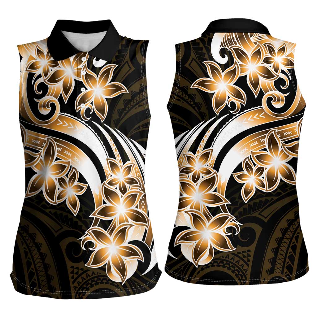 Plumeria Tribal Tattoo Women Sleeveless Polo Shirt Gold Polynesian Pattern