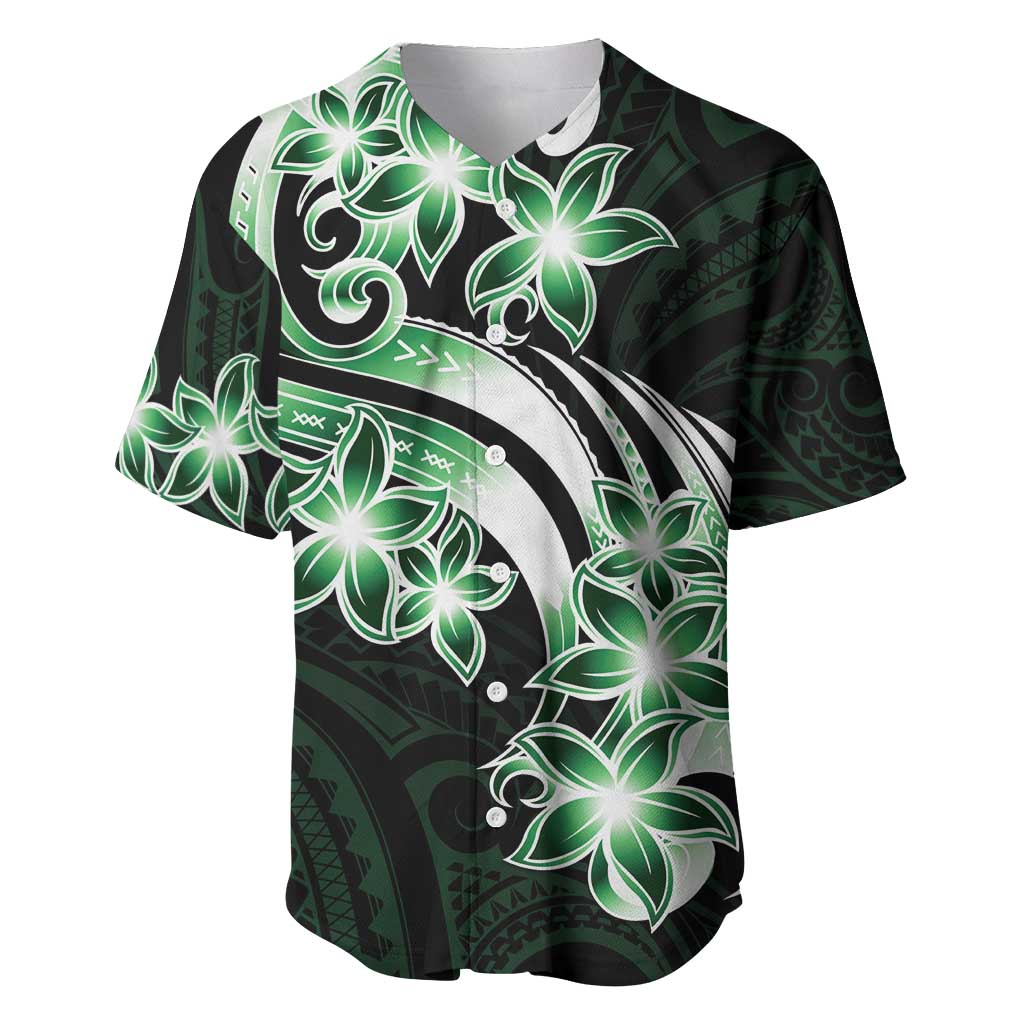 Plumeria Tribal Tattoo Baseball Jersey Green Polynesian Pattern