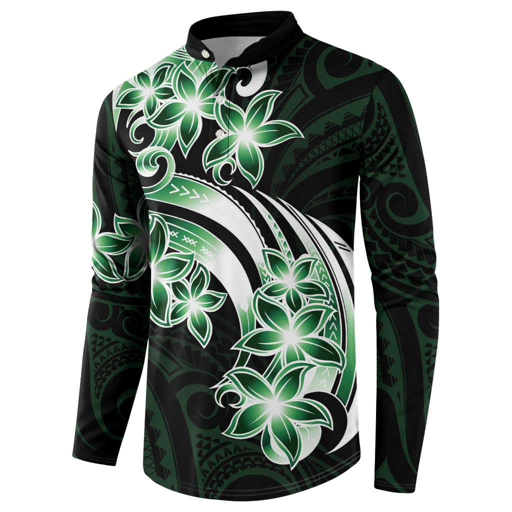 Plumeria Tribal Tattoo Button Sweatshirt Green Polynesian Pattern LT9 - Polynesian Pride