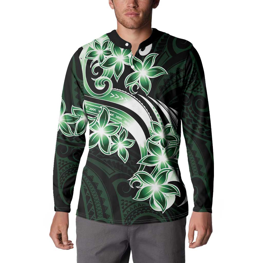 Plumeria Tribal Tattoo Button Sweatshirt Green Polynesian Pattern LT9 - Polynesian Pride