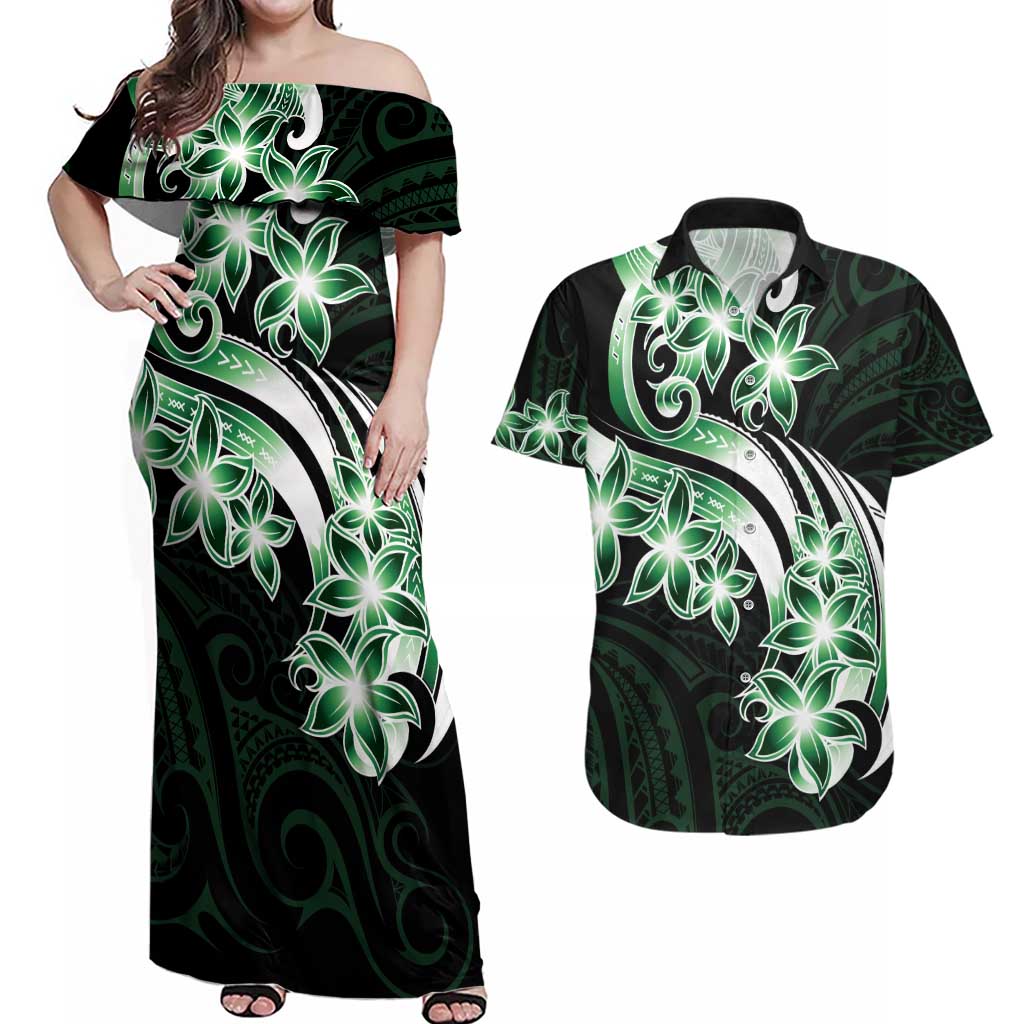 Plumeria Tribal Tattoo Couples Matching Off Shoulder Maxi Dress and Hawaiian Shirt Green Polynesian Pattern