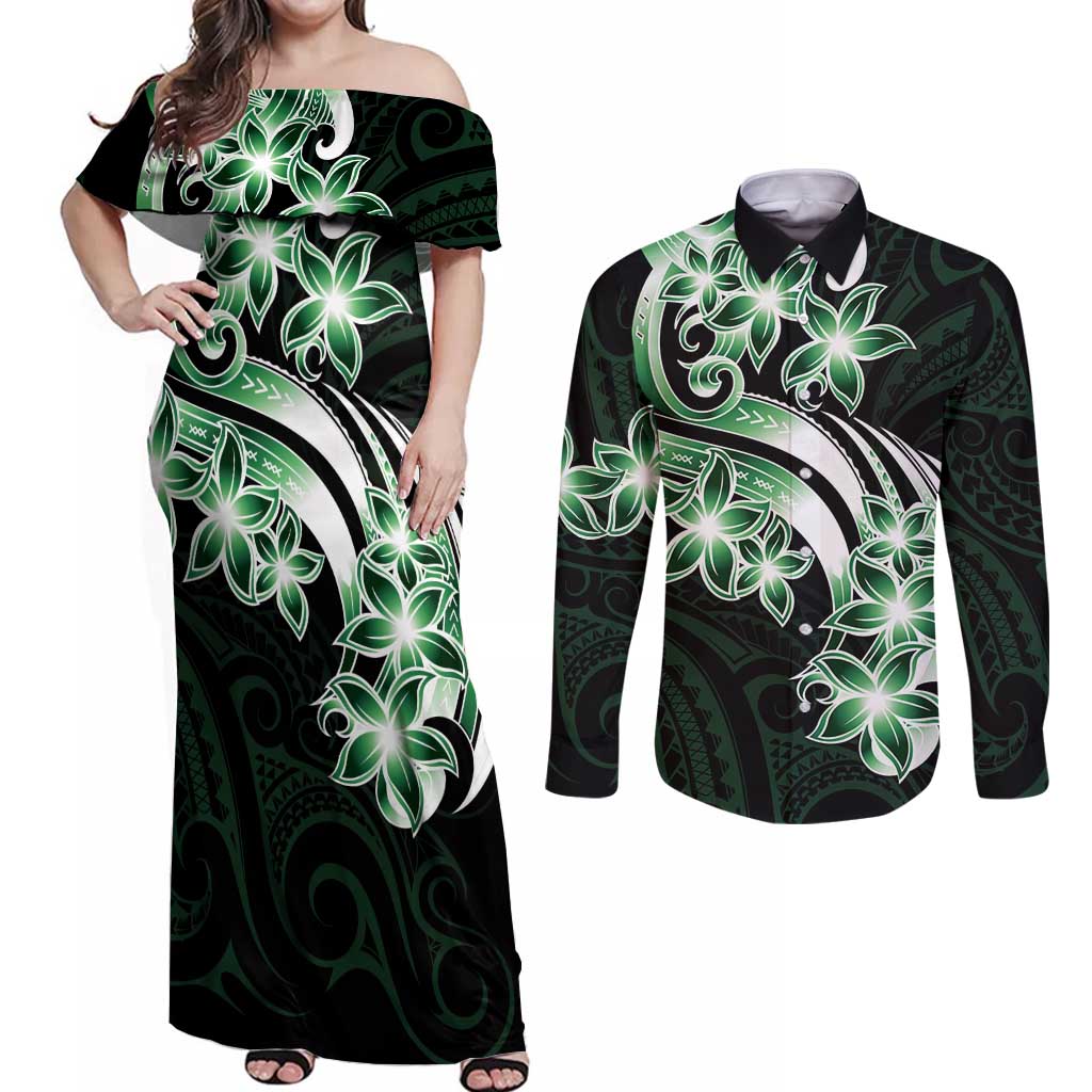 Plumeria Tribal Tattoo Couples Matching Off Shoulder Maxi Dress and Long Sleeve Button Shirt Green Polynesian Pattern LT9 Green - Polynesian Pride