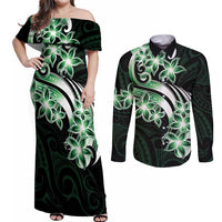 Plumeria Tribal Tattoo Couples Matching Off Shoulder Maxi Dress and Long Sleeve Button Shirt Green Polynesian Pattern LT9 Green - Polynesian Pride
