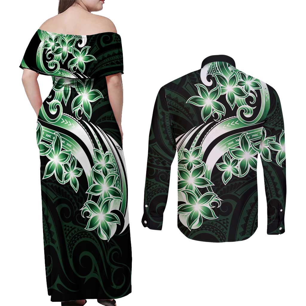 Plumeria Tribal Tattoo Couples Matching Off Shoulder Maxi Dress and Long Sleeve Button Shirt Green Polynesian Pattern LT9 - Polynesian Pride