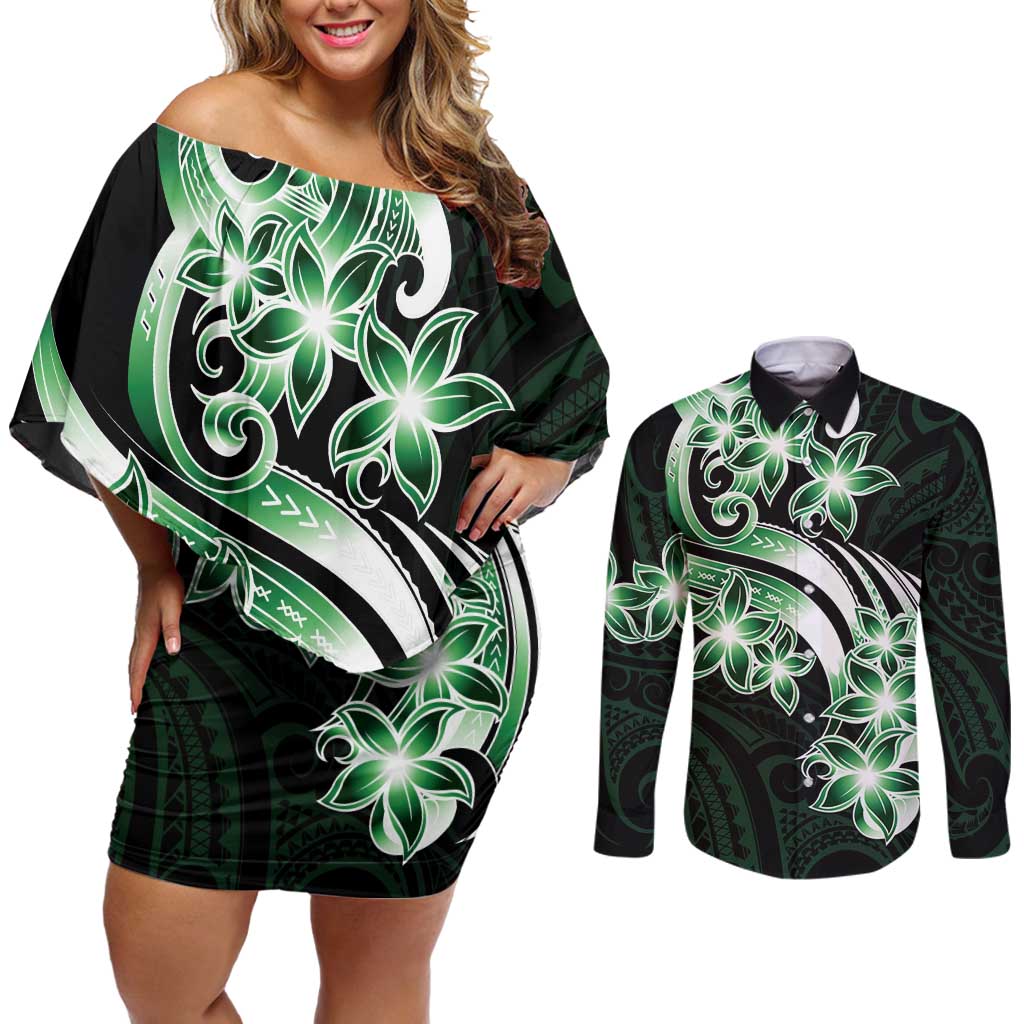 Plumeria Tribal Tattoo Couples Matching Off Shoulder Short Dress and Long Sleeve Button Shirt Green Polynesian Pattern LT9 Green - Polynesian Pride