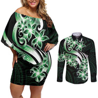 Plumeria Tribal Tattoo Couples Matching Off Shoulder Short Dress and Long Sleeve Button Shirt Green Polynesian Pattern LT9 Green - Polynesian Pride
