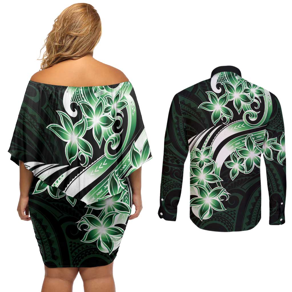 Plumeria Tribal Tattoo Couples Matching Off Shoulder Short Dress and Long Sleeve Button Shirt Green Polynesian Pattern LT9 - Polynesian Pride