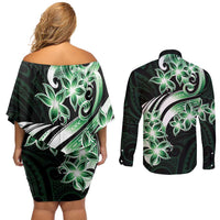 Plumeria Tribal Tattoo Couples Matching Off Shoulder Short Dress and Long Sleeve Button Shirt Green Polynesian Pattern LT9 - Polynesian Pride