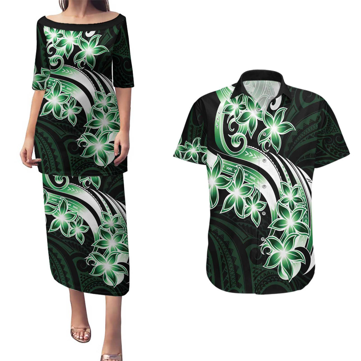 Plumeria Tribal Tattoo Couples Matching Puletasi and Hawaiian Shirt Green Polynesian Pattern LT9 Green - Polynesian Pride