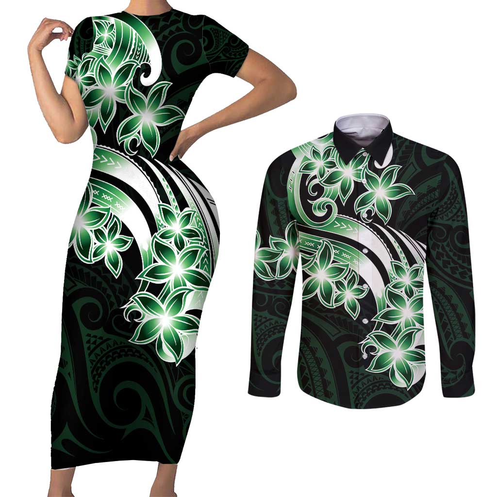 Plumeria Tribal Tattoo Couples Matching Short Sleeve Bodycon Dress and Long Sleeve Button Shirt Green Polynesian Pattern LT9 Green - Polynesian Pride