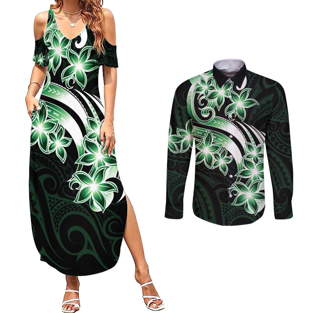 Plumeria Tribal Tattoo Couples Matching Summer Maxi Dress and Long Sleeve Button Shirt Green Polynesian Pattern LT9 Green - Polynesian Pride