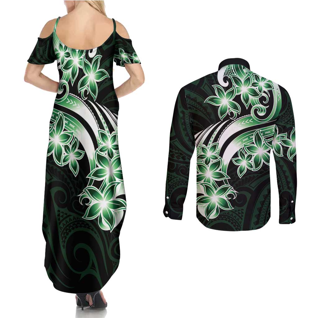 Plumeria Tribal Tattoo Couples Matching Summer Maxi Dress and Long Sleeve Button Shirt Green Polynesian Pattern LT9 - Polynesian Pride