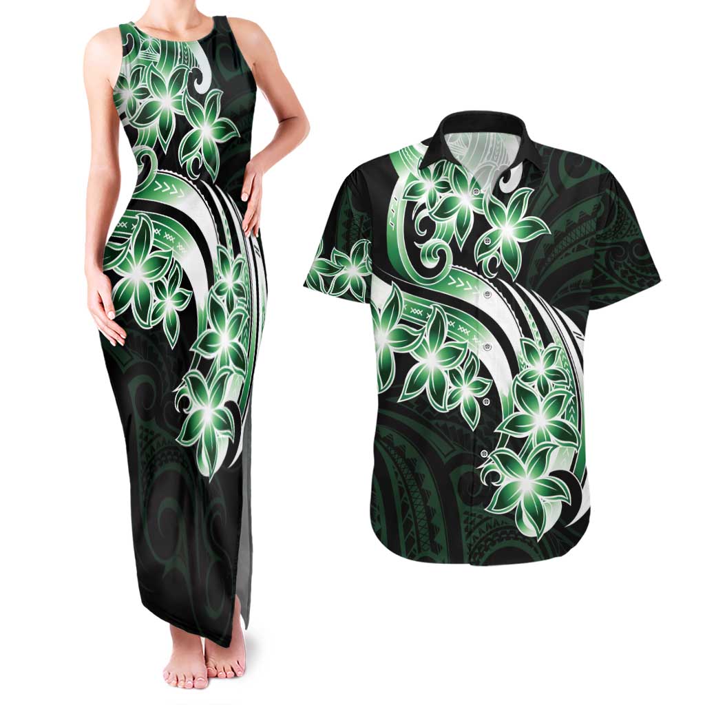 Plumeria Tribal Tattoo Couples Matching Tank Maxi Dress and Hawaiian Shirt Green Polynesian Pattern LT9 Green - Polynesian Pride