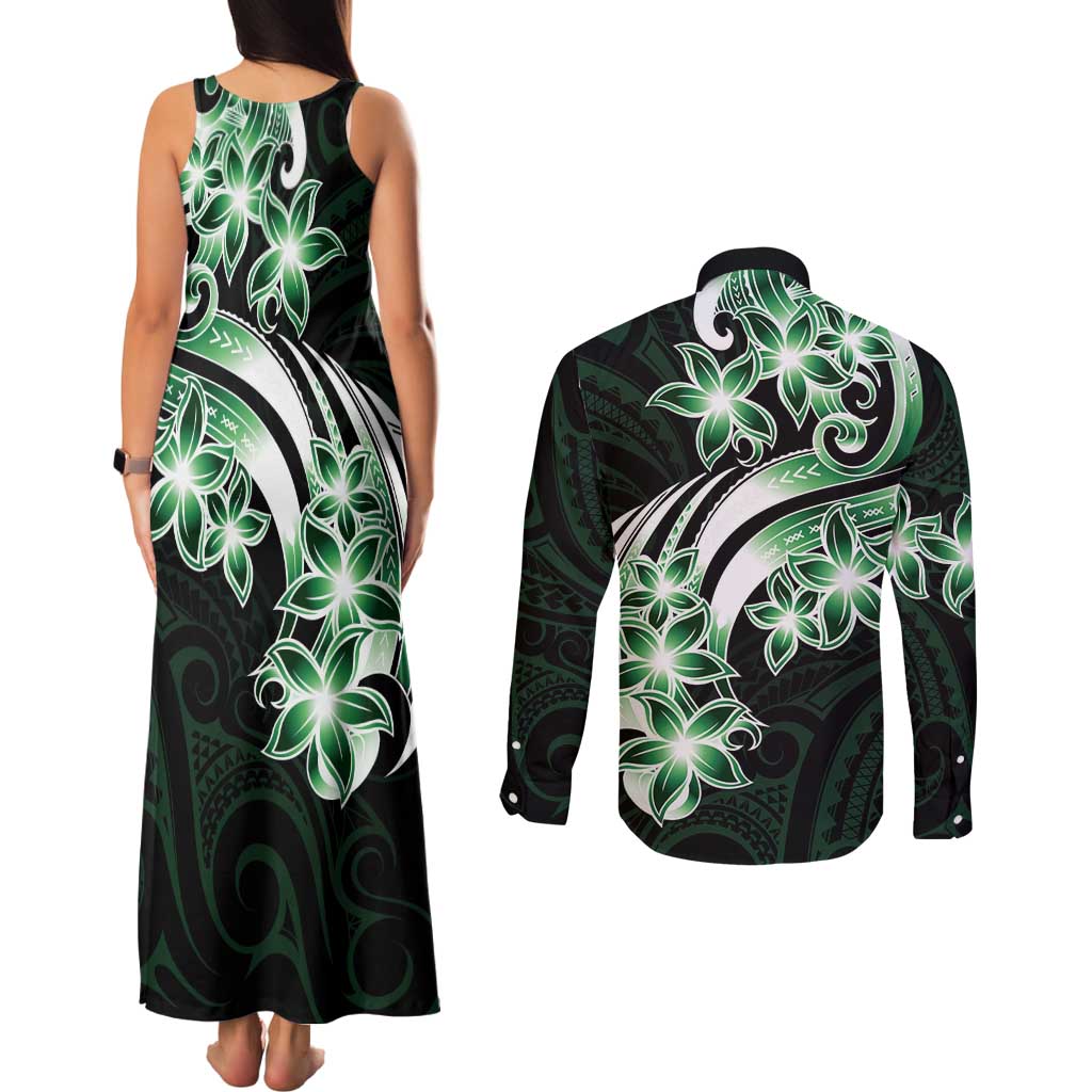 Plumeria Tribal Tattoo Couples Matching Tank Maxi Dress and Long Sleeve Button Shirt Green Polynesian Pattern LT9 - Polynesian Pride
