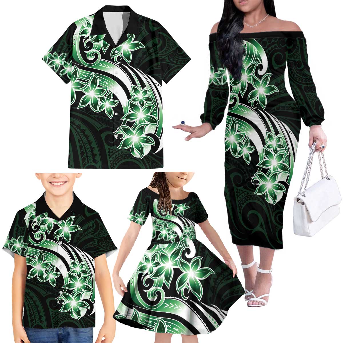 Plumeria Tribal Tattoo Family Matching Off The Shoulder Long Sleeve Dress and Hawaiian Shirt Green Polynesian Pattern