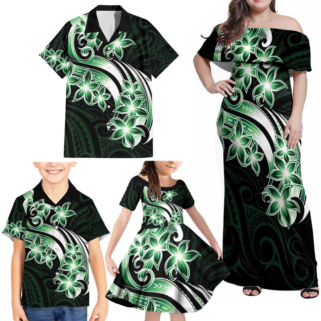 Plumeria Tribal Tattoo Family Matching Off Shoulder Maxi Dress and Hawaiian Shirt Green Polynesian Pattern LT9 - Polynesian Pride