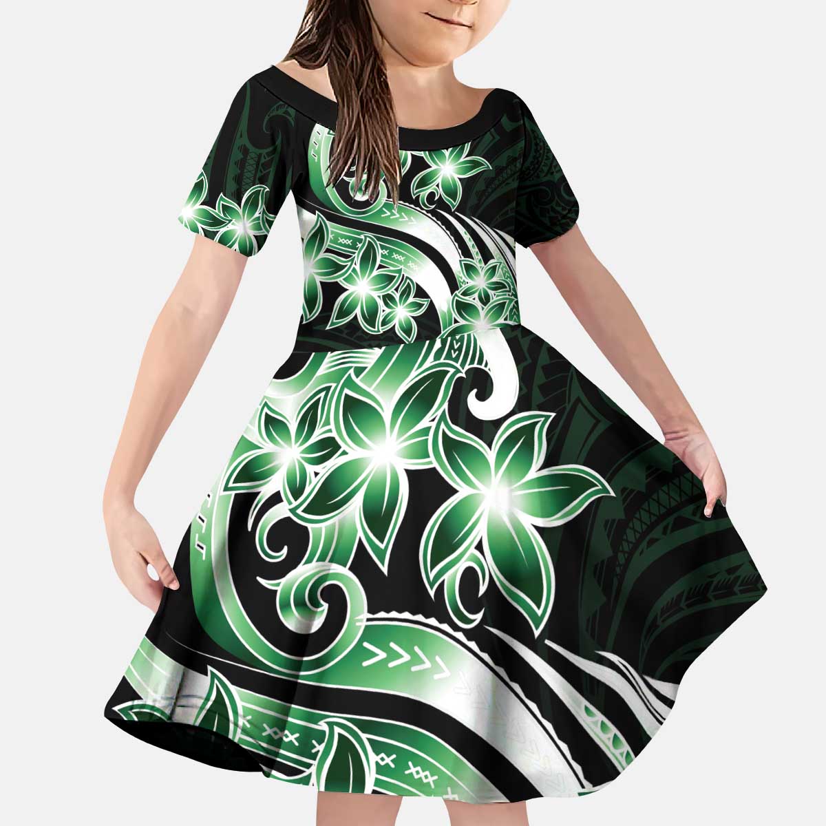 Plumeria Tribal Tattoo Family Matching Puletasi and Hawaiian Shirt Green Polynesian Pattern LT9 Daughter's Dress Green - Polynesian Pride