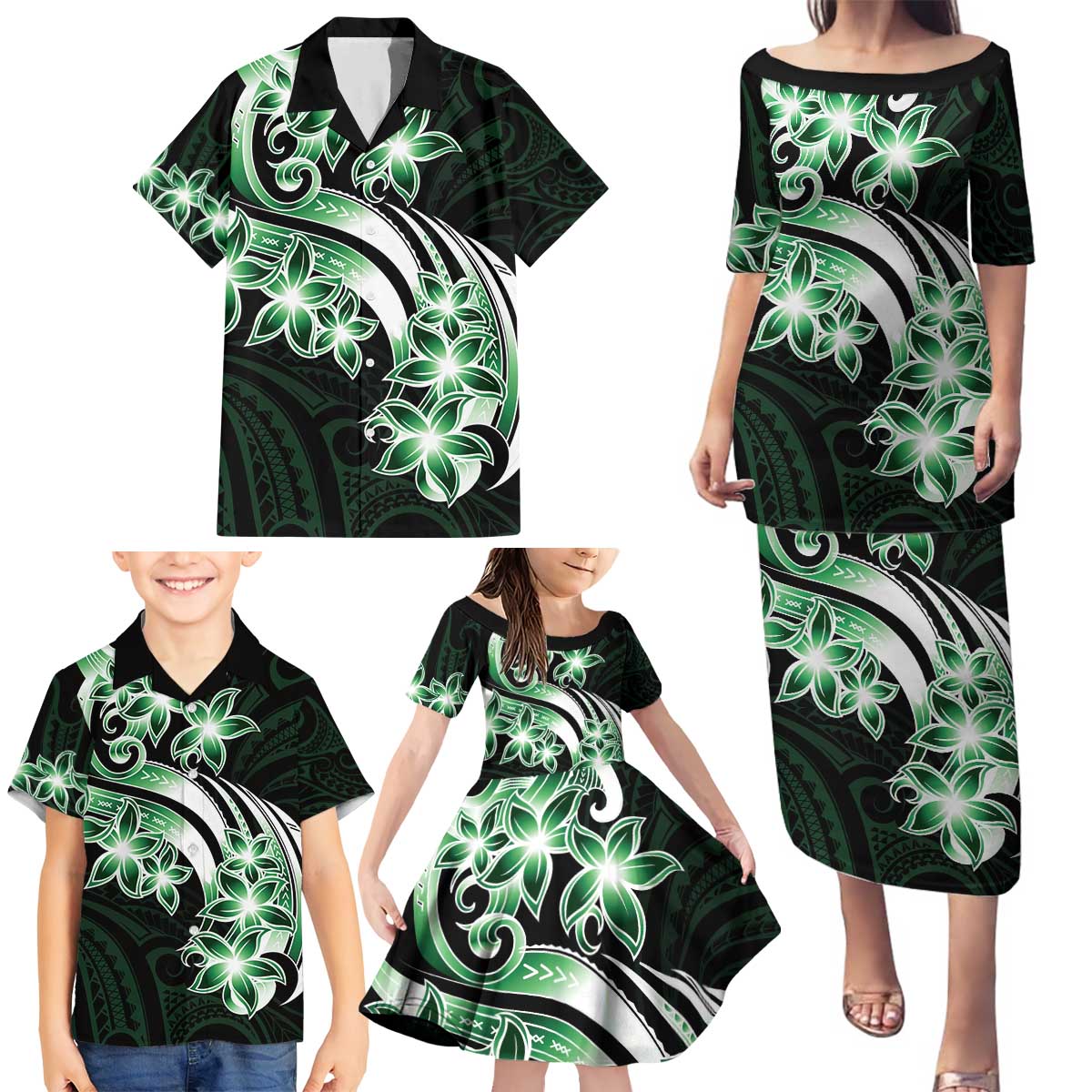 Plumeria Tribal Tattoo Family Matching Puletasi and Hawaiian Shirt Green Polynesian Pattern