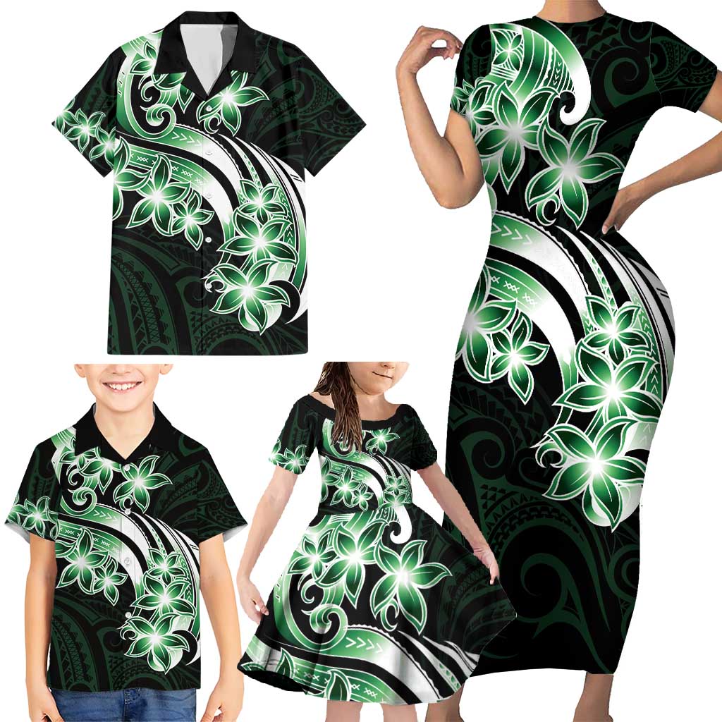 Plumeria Tribal Tattoo Family Matching Short Sleeve Bodycon Dress and Hawaiian Shirt Green Polynesian Pattern