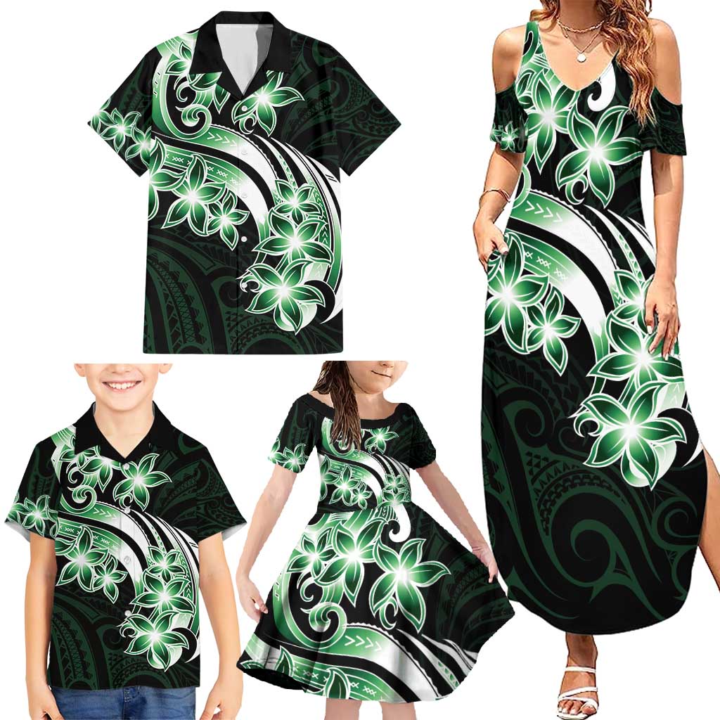 Plumeria Tribal Tattoo Family Matching Summer Maxi Dress and Hawaiian Shirt Green Polynesian Pattern