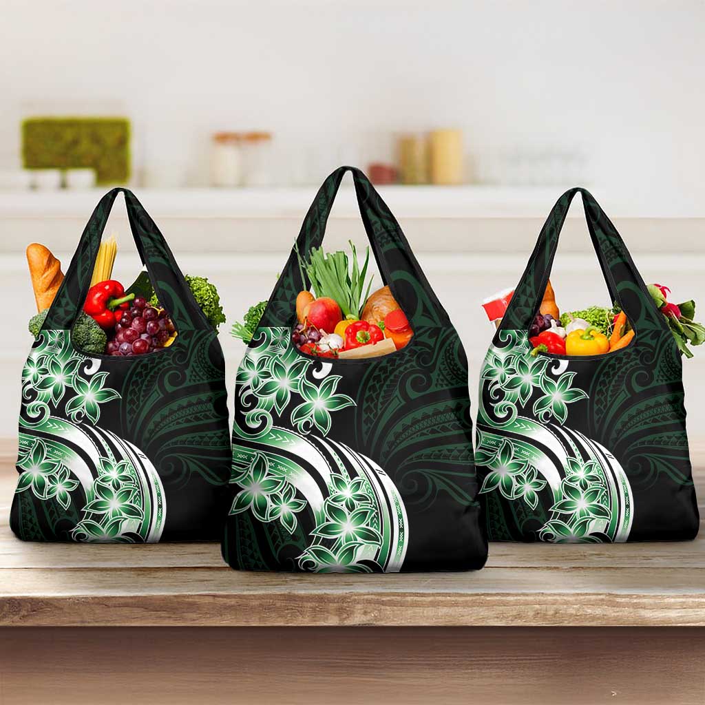 Plumeria Tribal Tattoo Grocery Bag Green Polynesian Pattern LT9 3-pack One Size Green - Polynesian Pride