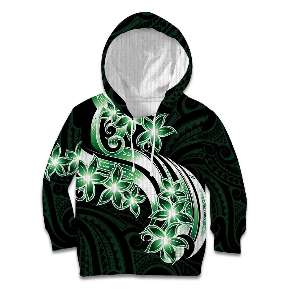Plumeria Tribal Tattoo Kid Hoodie Green Polynesian Pattern