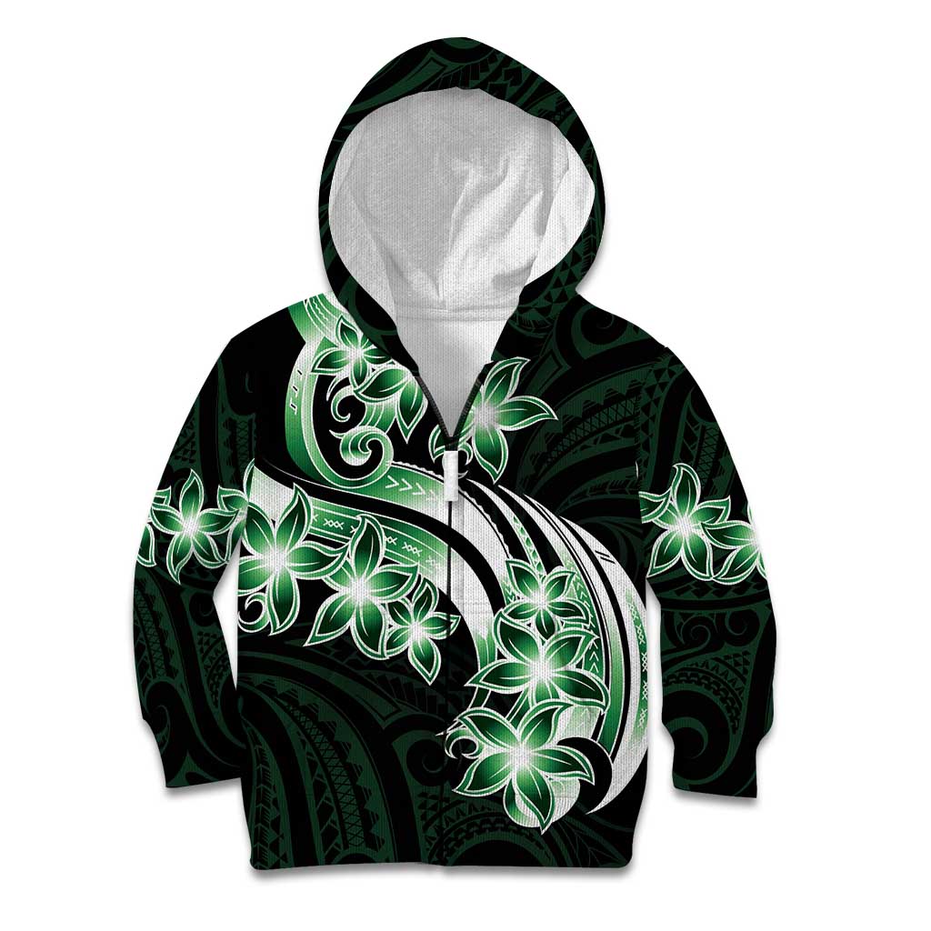 Plumeria Tribal Tattoo Kid Hoodie Green Polynesian Pattern