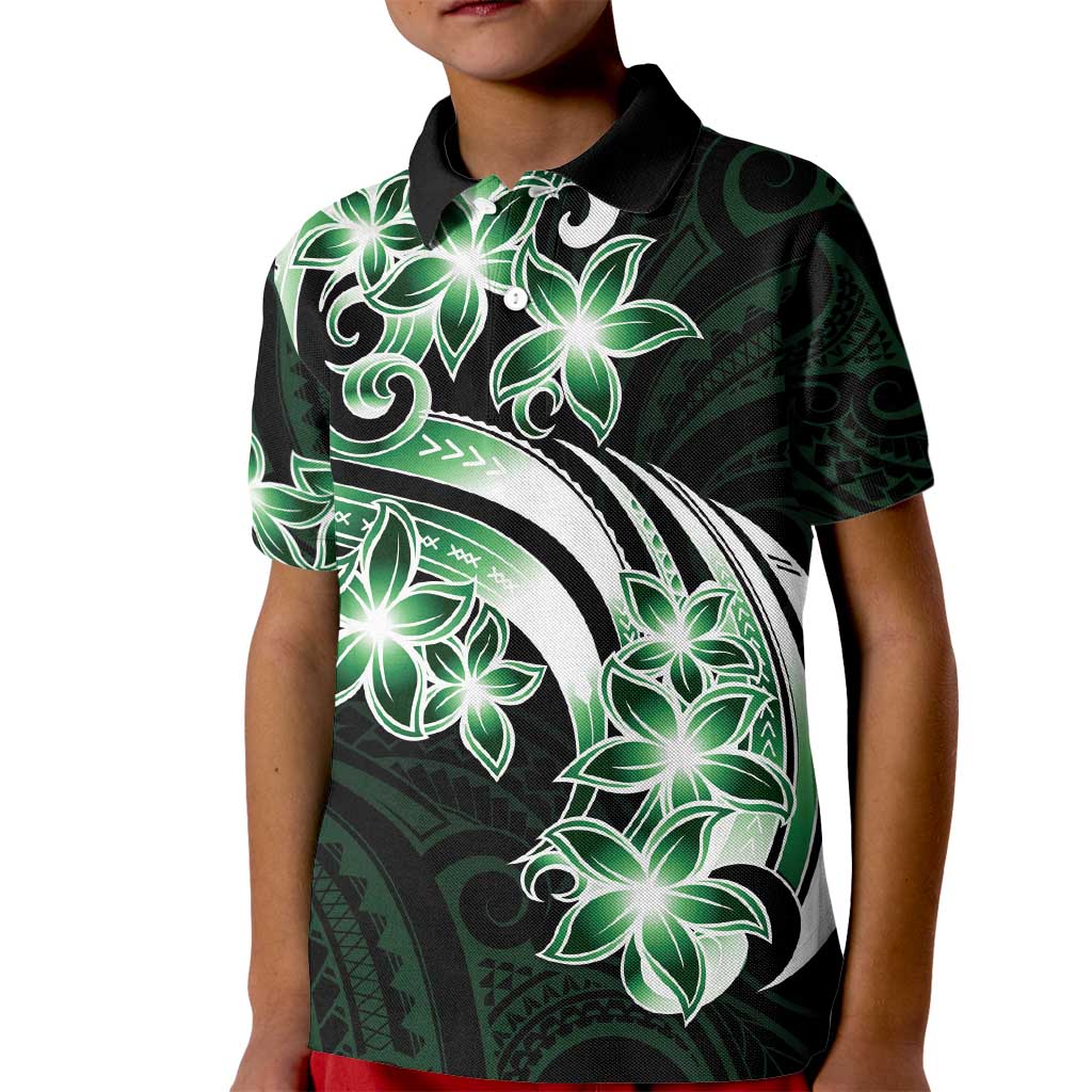 Plumeria Tribal Tattoo Kid Polo Shirt Green Polynesian Pattern