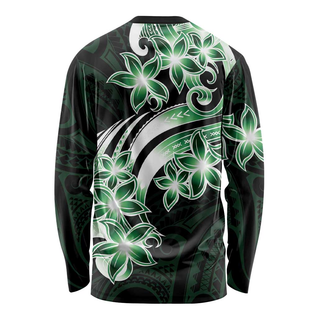 Plumeria Tribal Tattoo Long Sleeve Shirt Green Polynesian Pattern