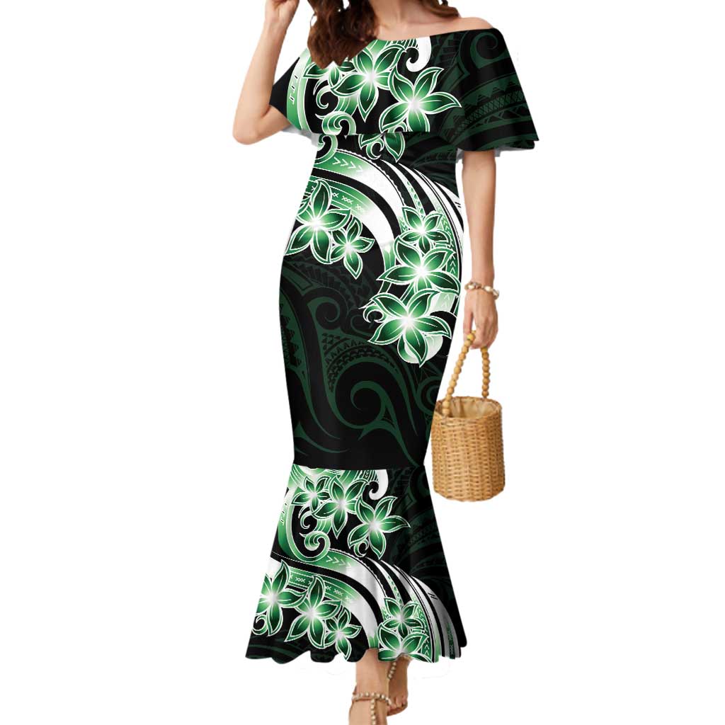 Plumeria Tribal Tattoo Mermaid Dress Green Polynesian Pattern