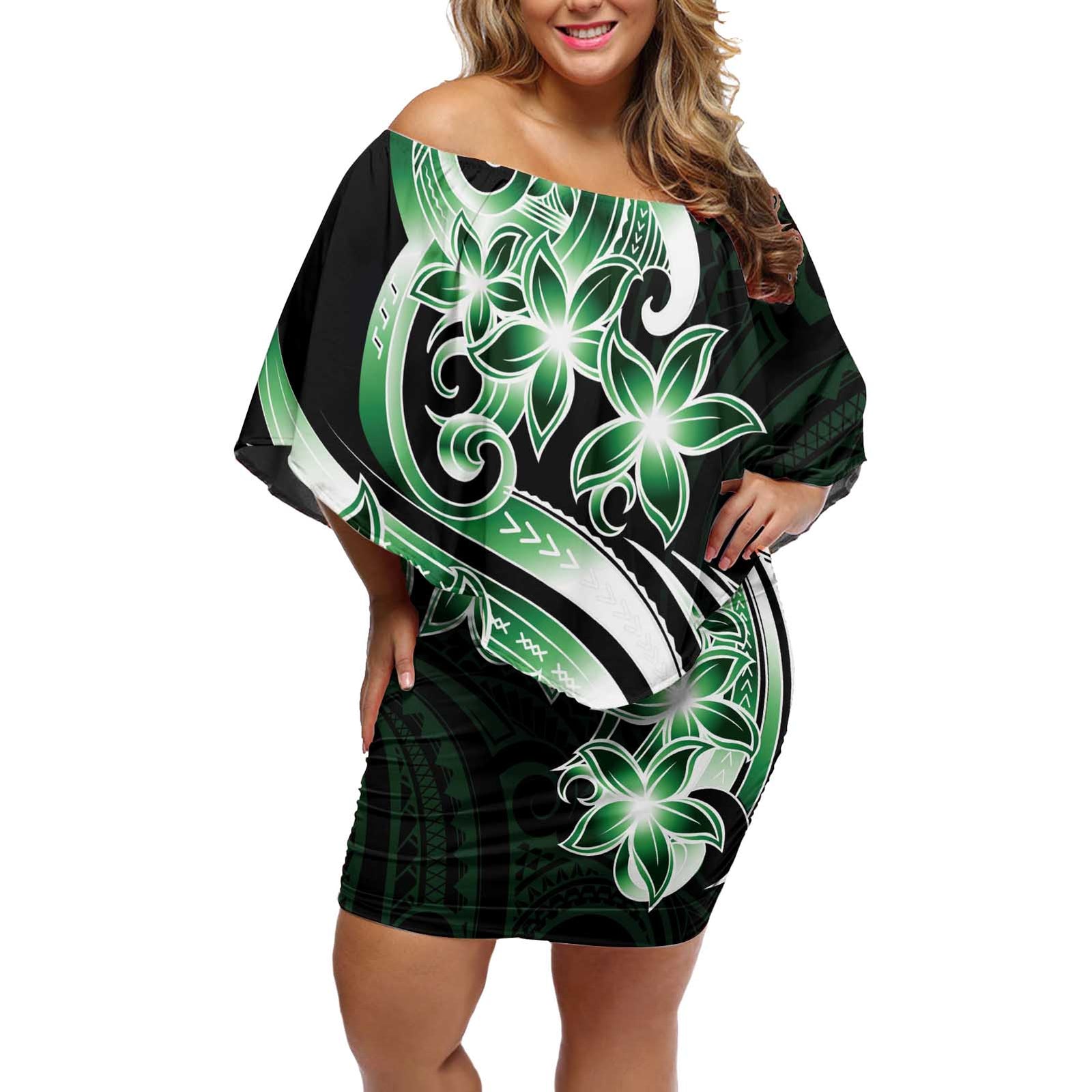 Plumeria Tribal Tattoo Off Shoulder Short Dress Green Polynesian Pattern LT9 Women Green - Polynesian Pride